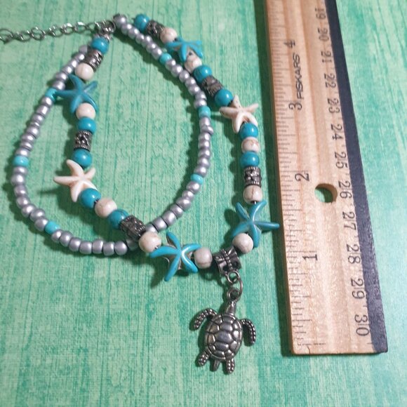 Faux Turquoise Silver Tone Beaded Bracelet Starfish Turtle Beach Core Ankle - Picture 2 of 3